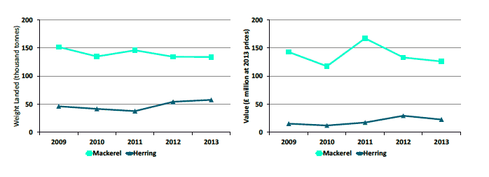 Chart 1.5.b Quantity and value of landings of the key pelagic species by Scottish vessels: 2009 to 2013.