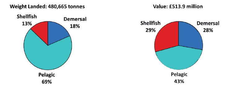 Chart 1.2 Quantity and value of landings by Scottish vessels; percentage of each species type, 2014.  