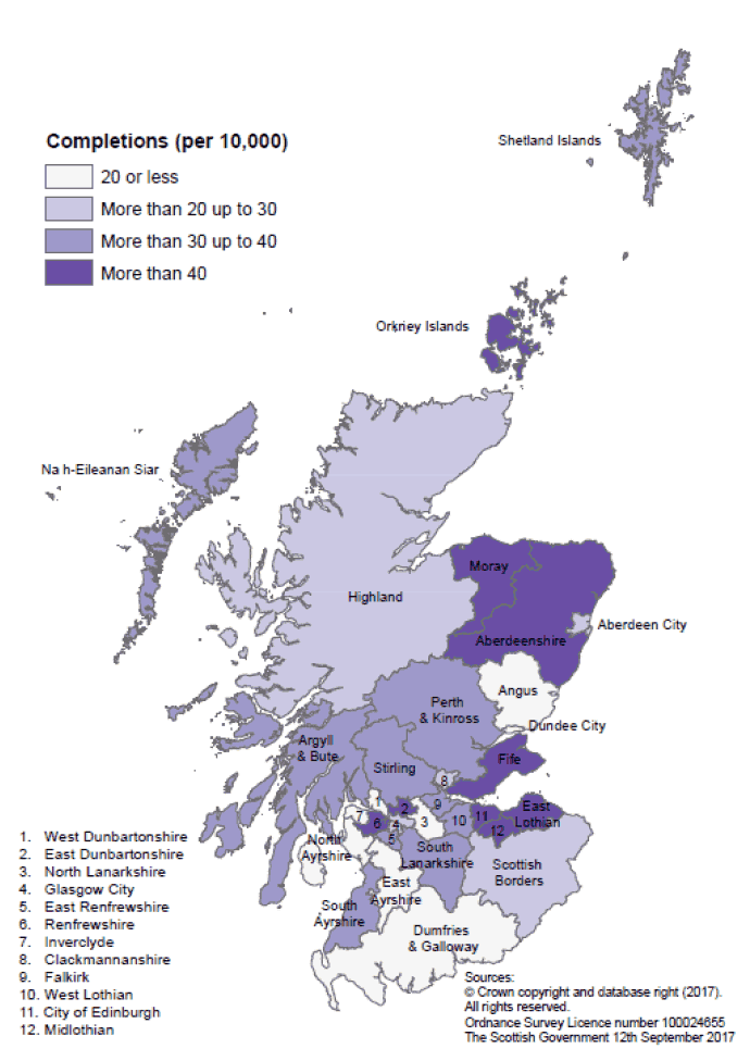 Map A: New build housing - all sector completions: rates per 10,000 population, year to end March 2017