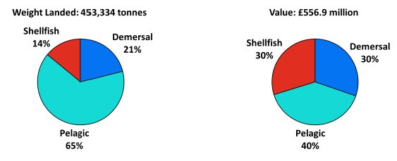 Chart 1.2 Quantity and value of landings by Scottish vessels; percentage of each species type, 2016