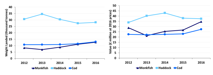 Chart 1.5.a Quantity and value of landings of the key demersal species by Scottish vessels: 2012 to 2016