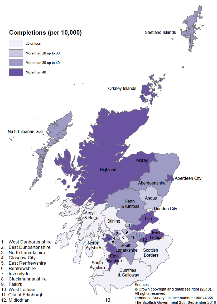 Map A: New build housing - All sector completions: rates per 10,000 population, year to end March 2018 Map A: New build housing - All sector completions: rates per 10,000 population, year to end March 2018
