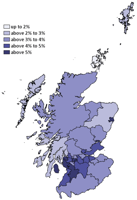 Figure 8: Model Based Unemployment Rate 2018 16 year olds and over (per cent)