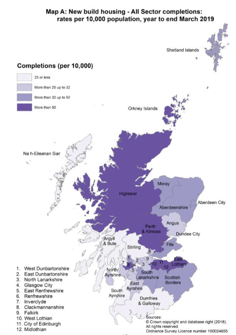 Map A:New build housing - All Sector completions:Rates per 10,000 population, Year to end March 2019 Map A:New build housing - All Sector completions:Rates per 10,000 population, Year to end March 2019