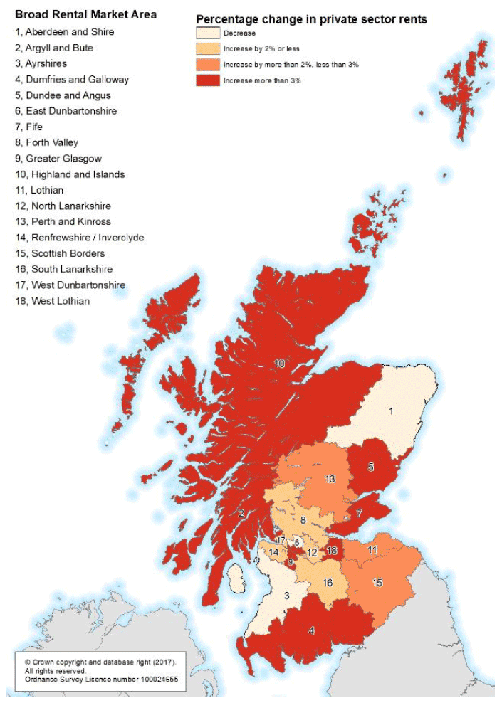 Figure A: Change in average (mean) rents for 2 bedroom properties between 2018 and 2019