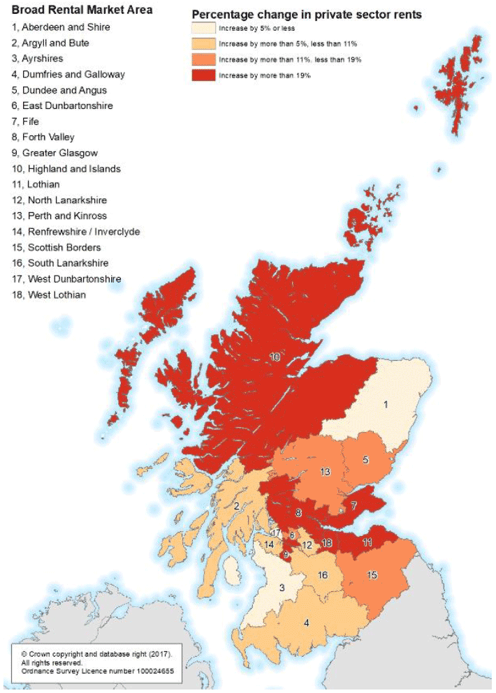 Figure B: Percentage change in average (mean) rents for 2 bedroom properties between 2010 and 2019