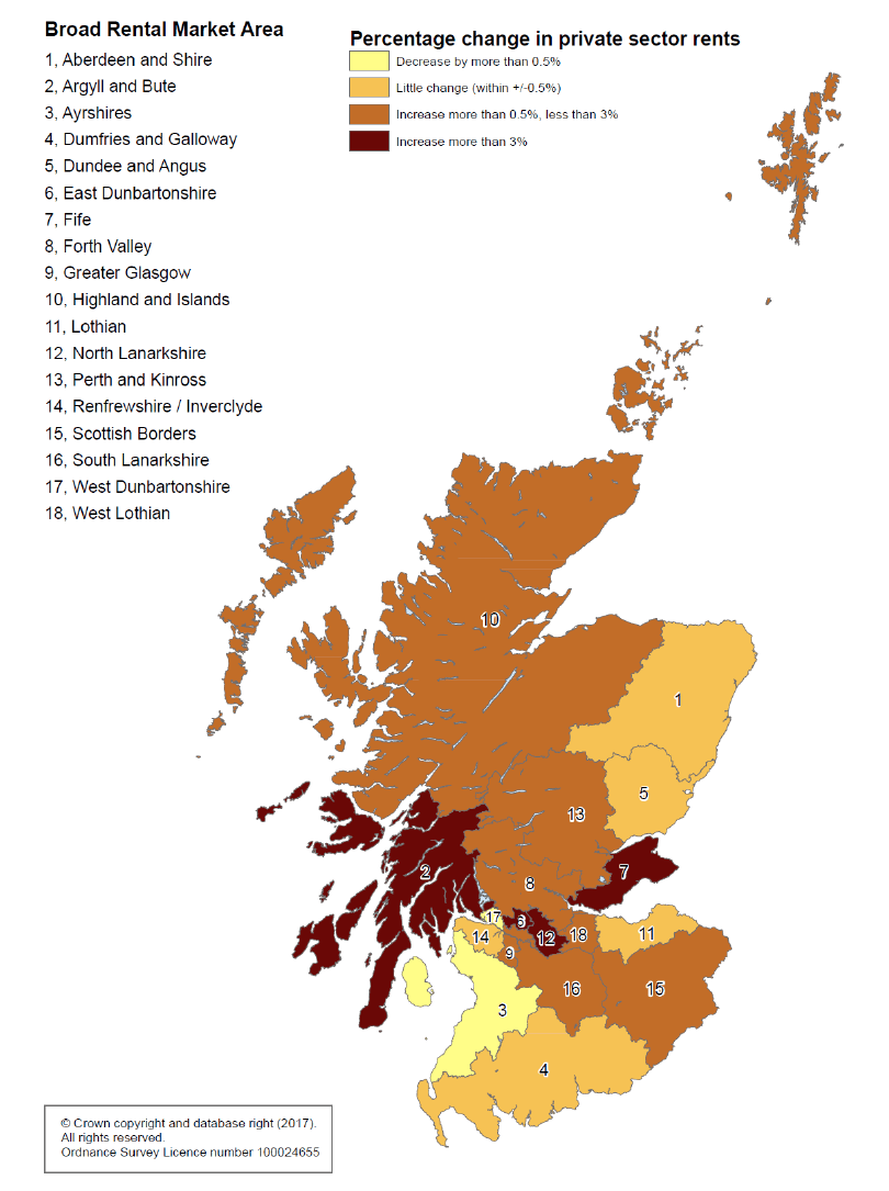 Change in average mean rents between 2019 and 2020 for 2 bedroom properties