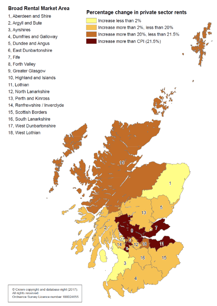 Percentage change in average mean rents between 2010 and 2020 for 2 bedroom properties